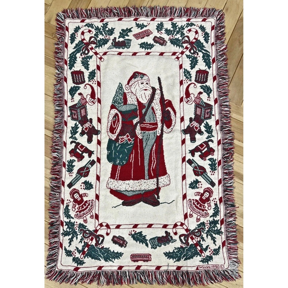 Vintage 1990 MWW Christmas Santa Woven Tapestry Throw Blanket Afghan 48x30